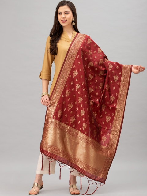 

Satrani Maroon & Gold-Coloured Woven Design Jacquard Banarasi Dupatta