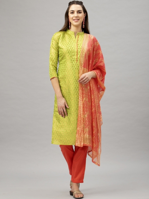 

Satrani Green & Peach-Coloured Poly Silk Unstitched Dress Material