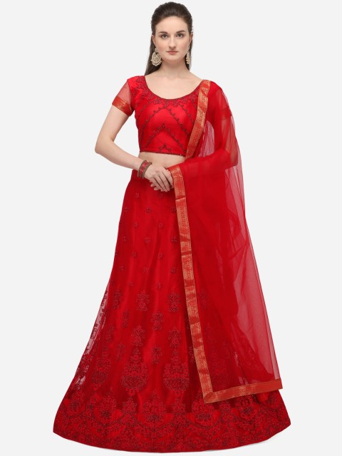 

Netram Red Embroidered Net Semi-Stitched Lehenga & Blouse with Dupatta