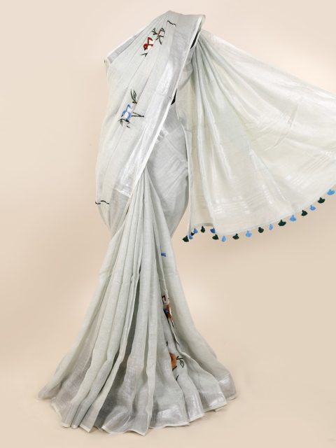 

Pothys Grey Embroidered Linen Blend Saree