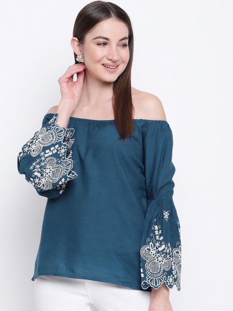 

Mayra Teal Blue & White Floral Printed Off-Shoulder Bell Sleeves Viscose Rayon Bardot Top