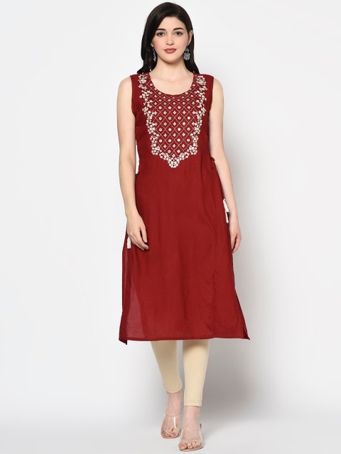 

GULMOHAR JAIPUR Women Maroon Embroidered Yoke Design Straight Kurta