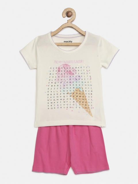 

mackly Girls Off-White & Pink Printed Night suit