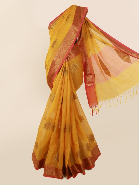 

Pothys Mustard Yellow & Red Cotton Blend Woven Design Saree