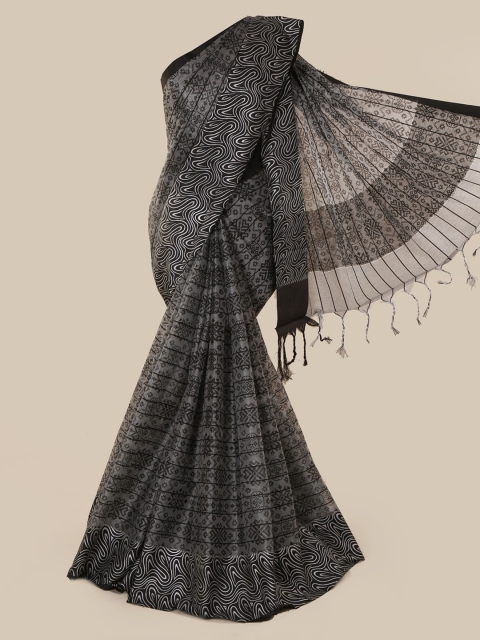 

Pothys Grey Printed Tissue Saree With Tasseled Pallu