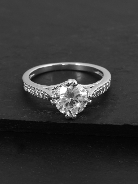 

Tistabene Rodium-Plated Silver-Toned & White Stone-Studded Finger Ring
