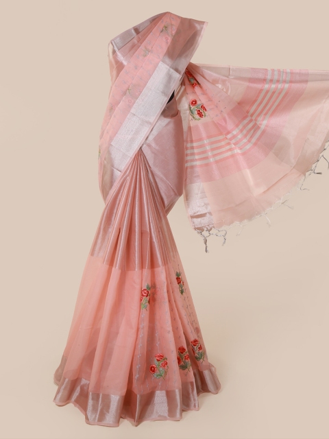 

Pothys Peach-Coloured & Silver-Toned Tissue Embroidered Saree