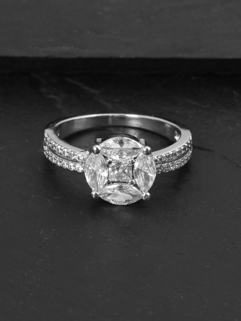 

Tistabene Rodium-Plated Silver-Toned & White Stone-Studded Finger Ring
