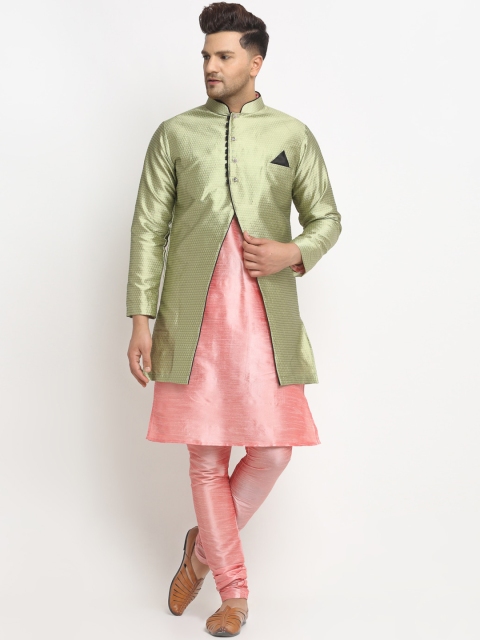 

Benstoke Men Pink & Green Solid Kurta with Churidar