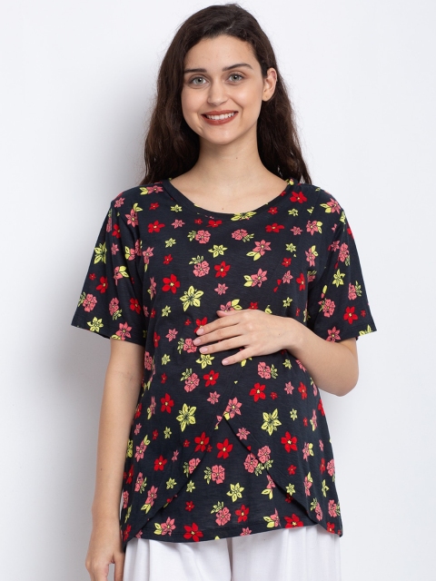 

Tiara Women Black Floral Printed Layered Pure Cotton Maternity Top