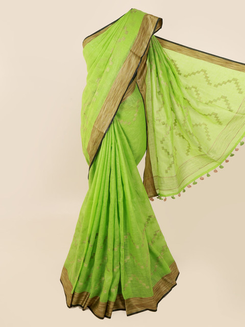 

Pothys Green Woven Design Linen Blend Saree With Tasseled Pallu