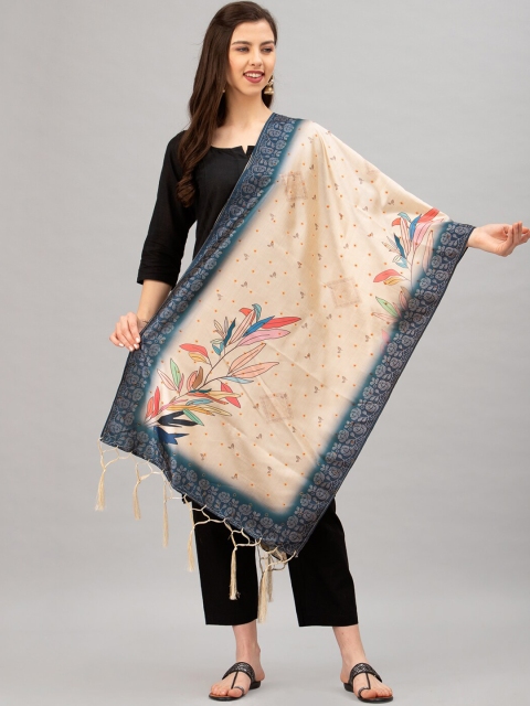 

Satrani Cream-Coloured & Turquoise Blue Floral Digital Print Jacquard Dupatta