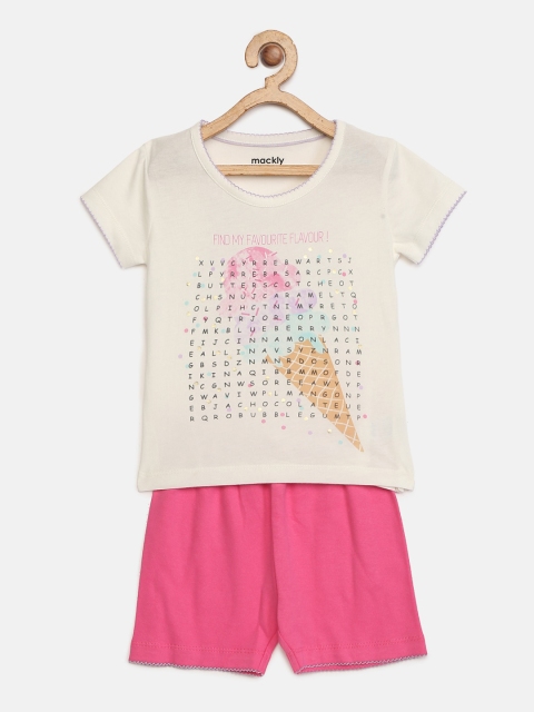

mackly Girls Off-White & Pink Printed Night suit