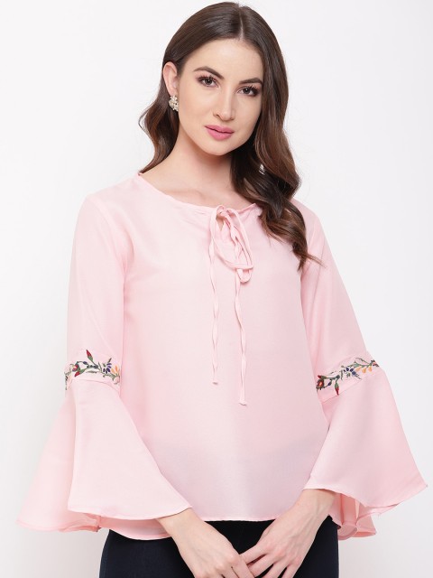 

Mayra Pink Solid Tie-Up Neck Bell Sleeves Top
