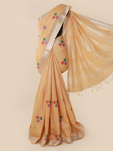 

Pothys Orange Embroidered Linen Blend Saree