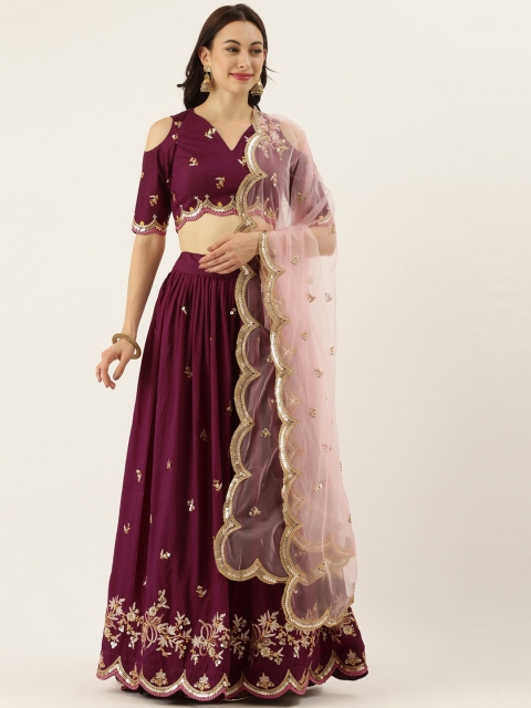 

panchhi Burgundy & Gold-Toned Embroidered Ready to Wear Lehenga & Unstitched Blouse with Dupatta