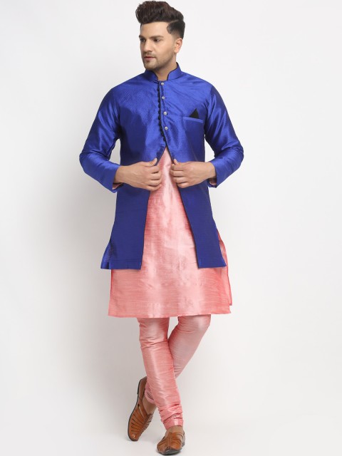 

Benstoke Men Pink & Blue Solid Kurta with Churidar