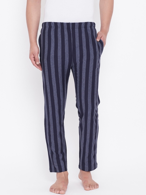Hypernation Men Navy Blue & Grey Striped Lounge Pants