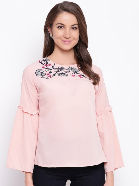 

Mayra Pink & Navy Blue Floral Embroidered Bell Sleeves Crepe Regular Top