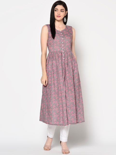 

Gulmohar Jaipur Women Grey & Pink Floral Printed Anarkali Kurta