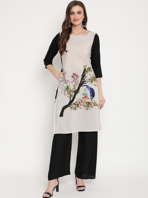 

Ramas Women Off White & Black Floral Printed Straight Kurta