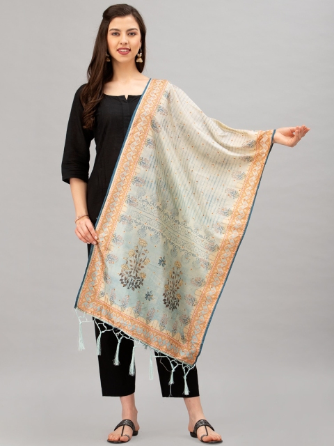 

Satrani Blue & Orange Floral Digital Print Jacquard Dupatta