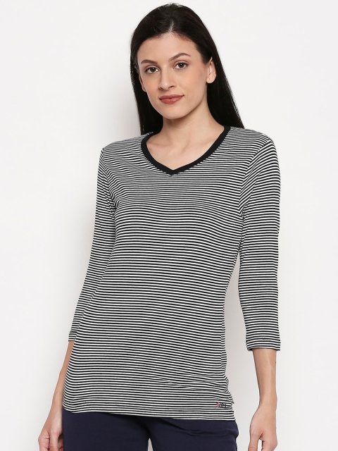 

XIN Women Black & White Striped V-Neck T-shirt