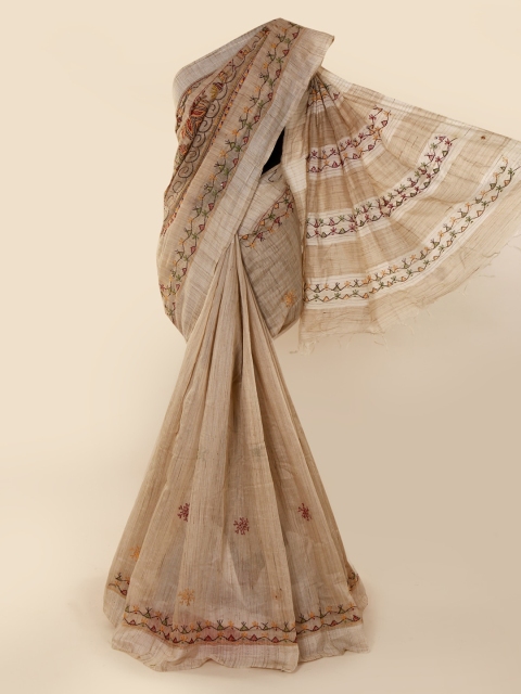 

Pothys Cream-Coloured Embroidered Jute Cotton Saree