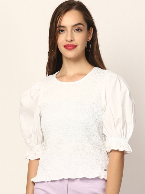 

Elle White Puff Sleeves Smocked Regular Top