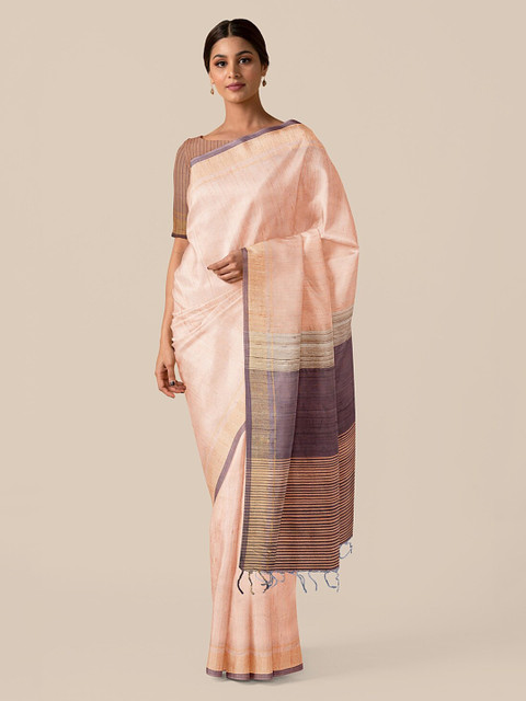 

Taneira Peach-Coloured Pure Silk Solid Bhagalpuri Saree