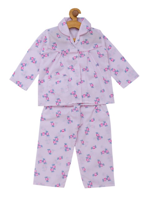 

Fuzzy Bear Girls Pink Printed Night suit