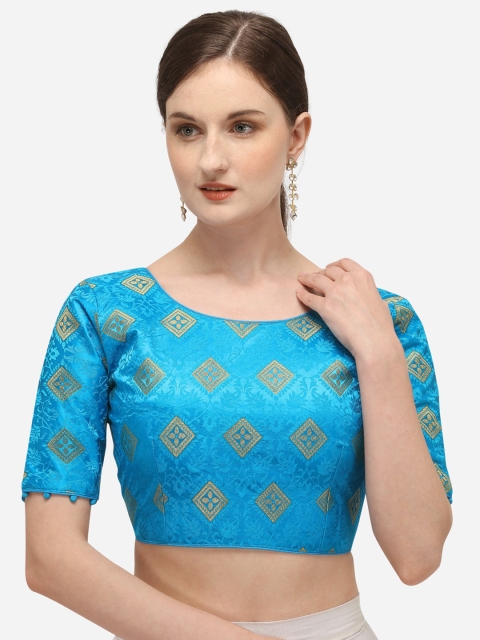

Fab Dadu Women Blue & Gold-Coloured Woven-Design Jacquard Readymade Saree Blouse