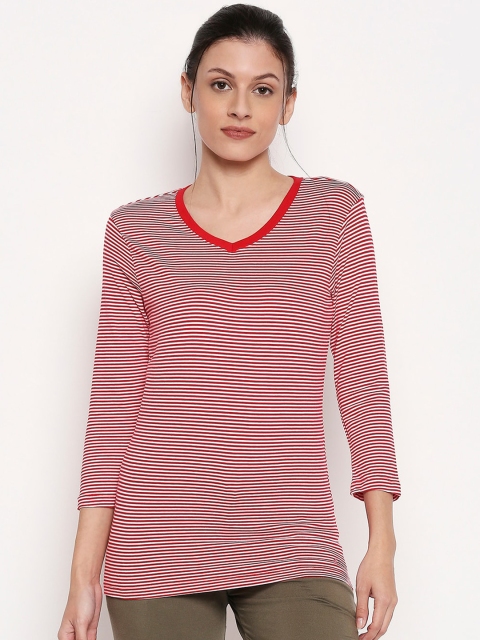 

XIN Women Red Striped V-Neck Longline T-shirt