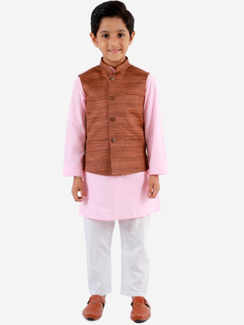 

VASTRAMAY Boys Pink Solid Kurta with Churidar & Nehru Jacket