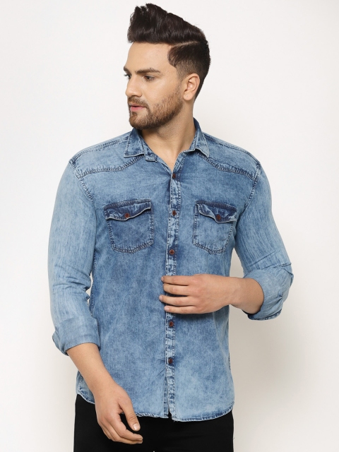 

TNG Men Blue Solid Cotton Slim Fit Faded Denim Shirt
