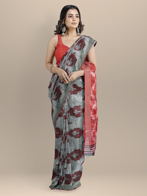 

BharatSthali Red Pure Cotton Printed Ikat Saree