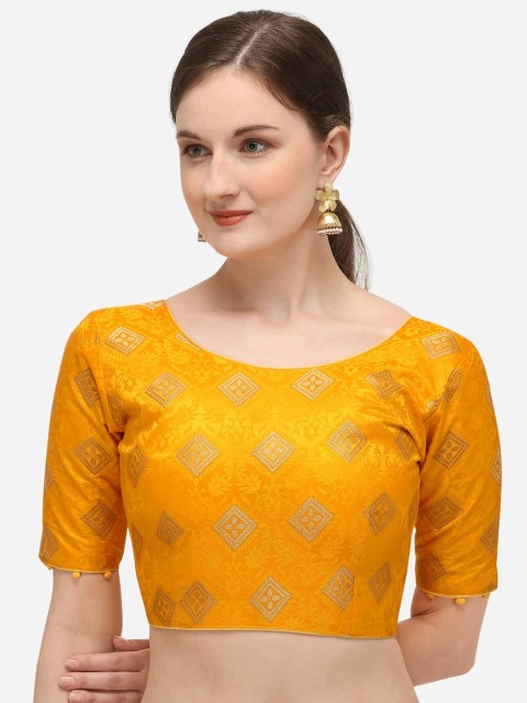 

Fab Dadu Women Yellow & Gold-Coloured Woven Design Jacquard Readymade Saree Blouse
