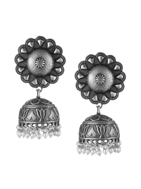 Adwitiya Collection Silver-Plated Oxidised Dome Shaped Jhumkas