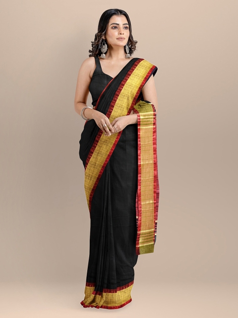 

BharatSthali Black & Gold-Toned Silk Cotton Solid Mangalagiri Saree