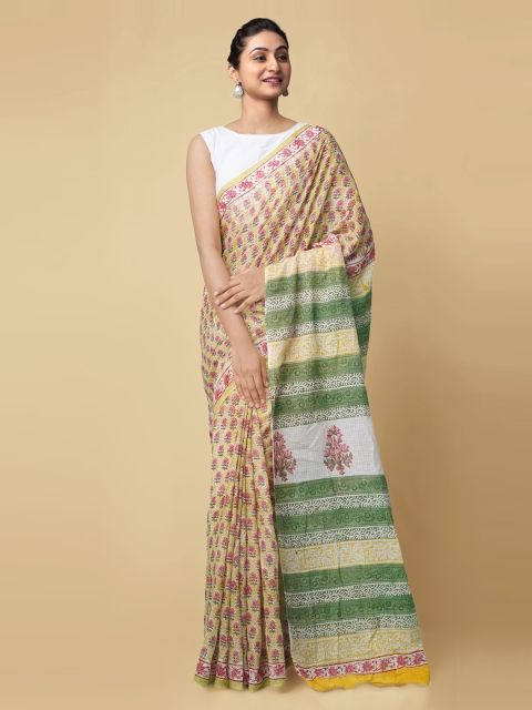 

Unnati Silks Yellow & Green Pure Cotton Printed Handloom Kota Saree