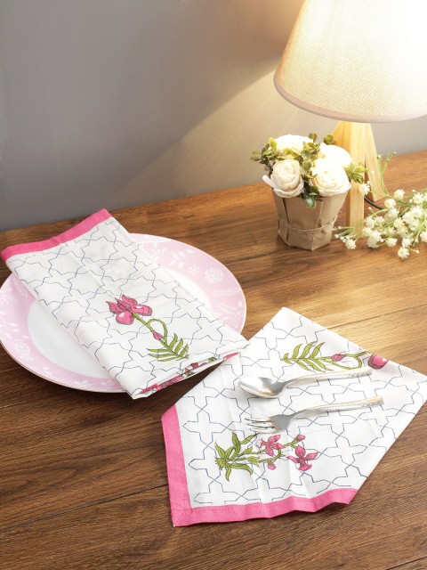 

Rajasthan Decor Set Of 6 White & Pink Printed Table Napkins