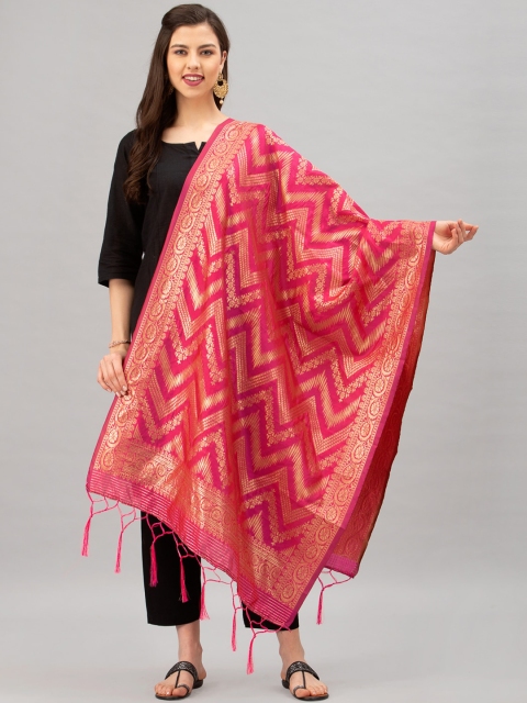 Satrani Pink & Gold-Coloured Woven Design Jacquard Banarasi Dupatta