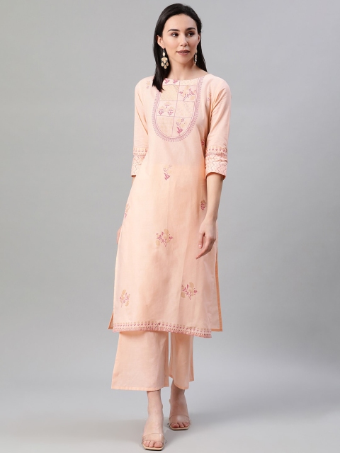 

ZIYAA Women Peach-Coloured Foil Printed Kurta with Palazzos