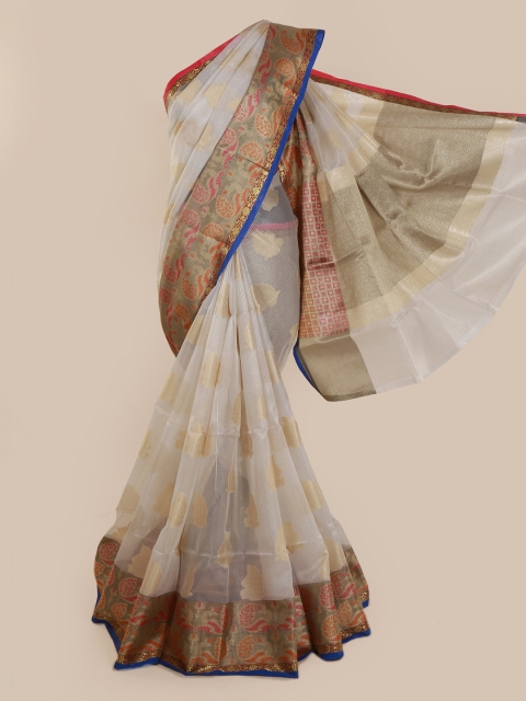 

Pothys White & Gold-Toned Cotton Blend Woven Design Saree