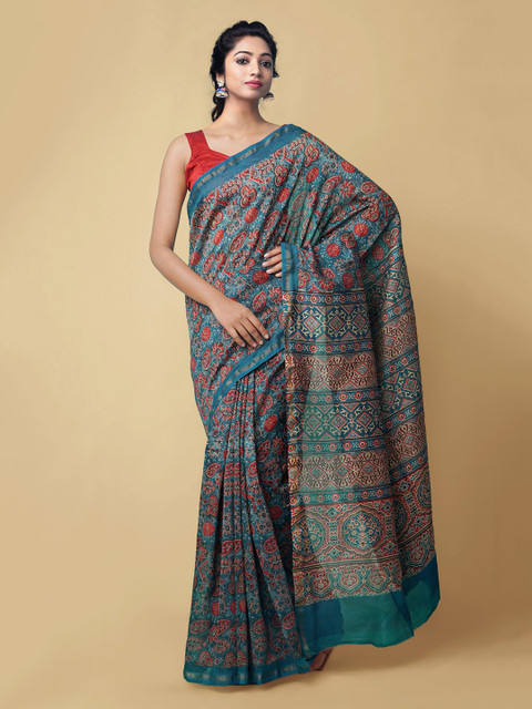 

Unnati Silks Blue Silk Cotton Printed Chanderi Saree