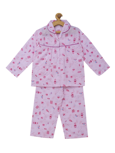 

Fuzzy Bear Girls Pink & Red Printed Night suit