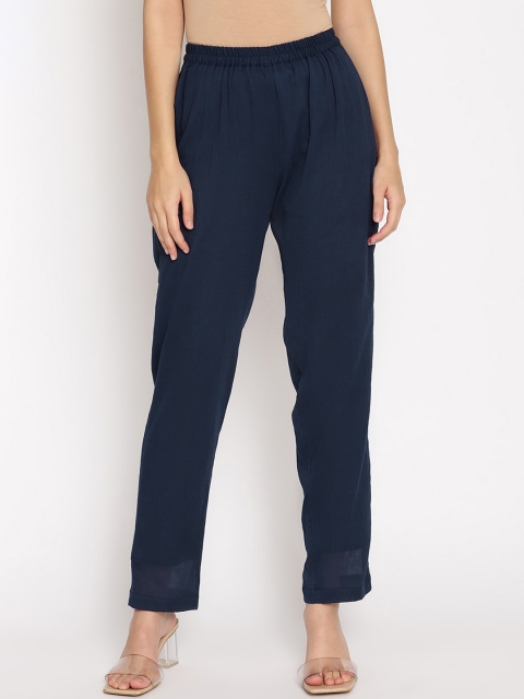 

trueBrowns Women Navy Blue Solid Crinkled Peg Trousers