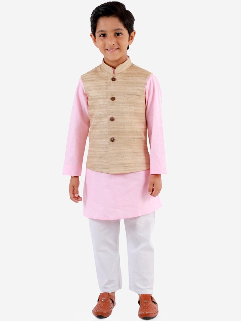 

VASTRAMAY Boys Pink & White Solid Kurta with Pyjamas & Nehru Jacket