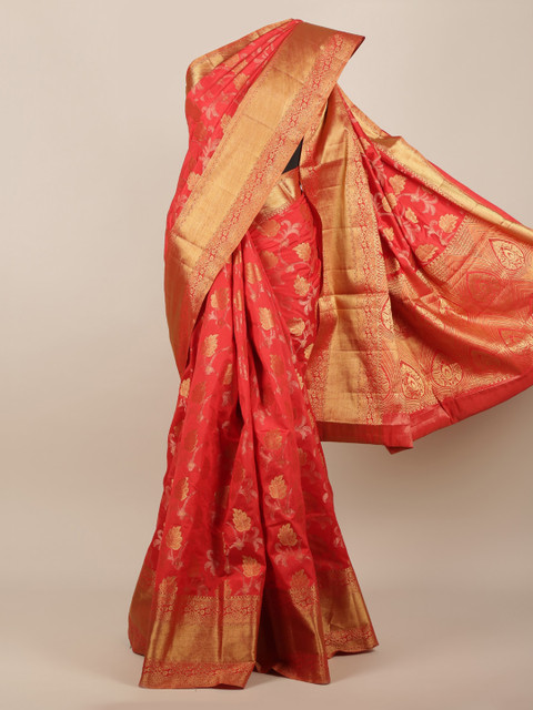 

Pothys Red & Gold-Toned Jute Silk Woven Design Saree