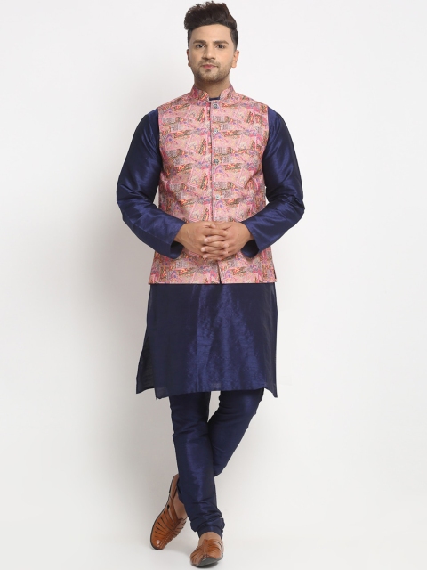

Benstoke Men Navy Blue Solid Kurta with Churidar & Nehru Jacket